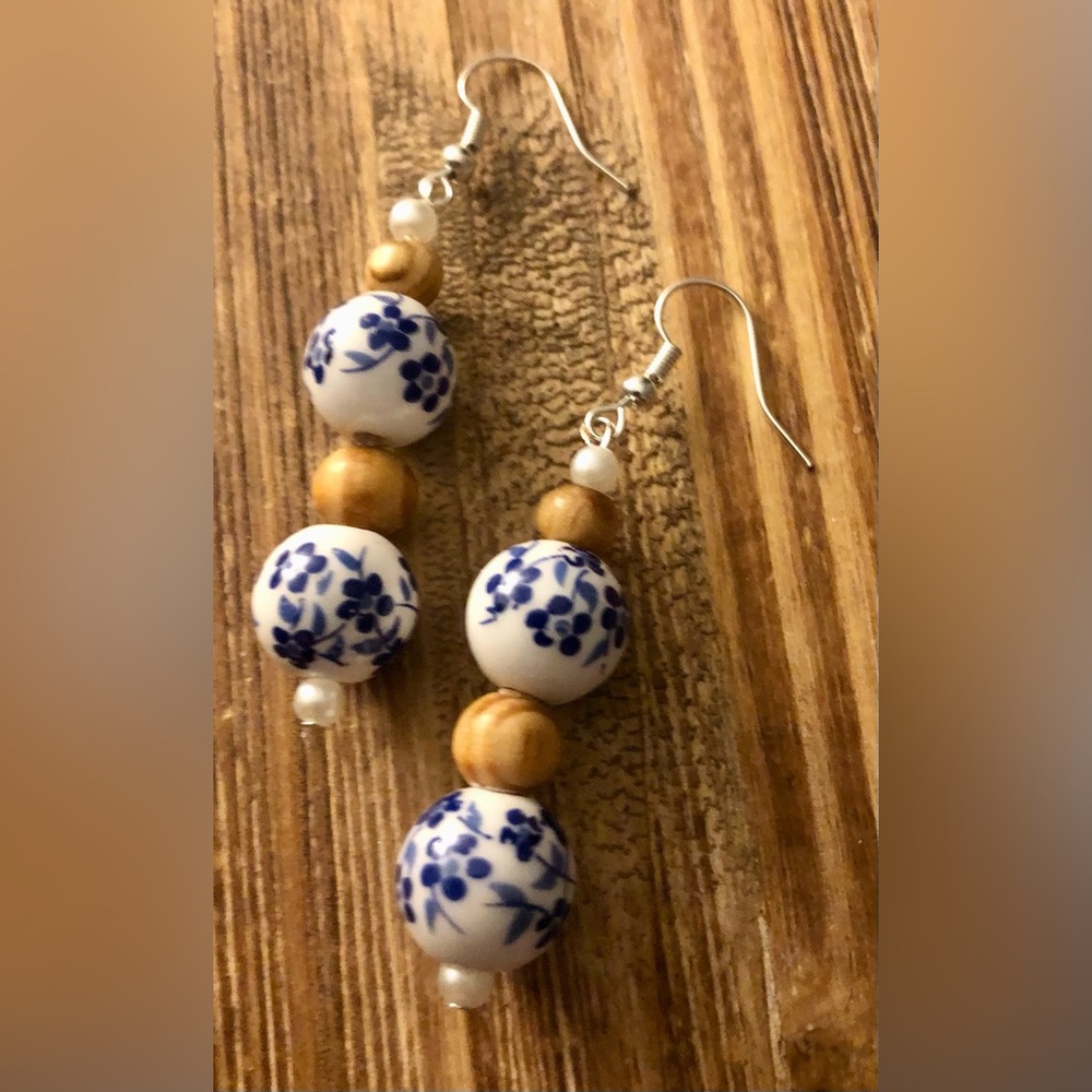 Ceramic Blue And White Handmade Floral Earrings